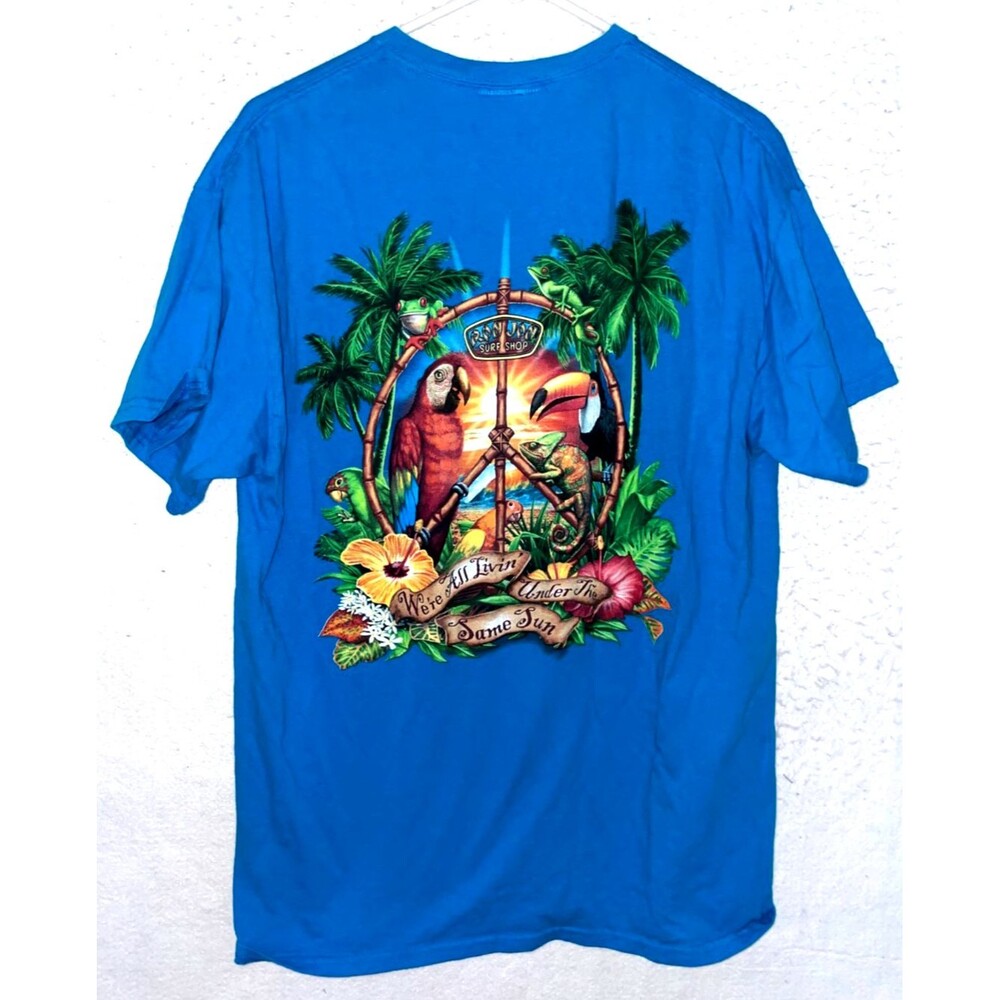 Ron Jon Surf Shop Mens L We're All Livin' Under The Same Sun Parrot Graphic Blue